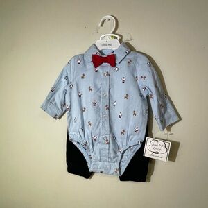 Little Me Boys Infant 3 month 2 Piece Christmas pant shirt tie embroidered NWT